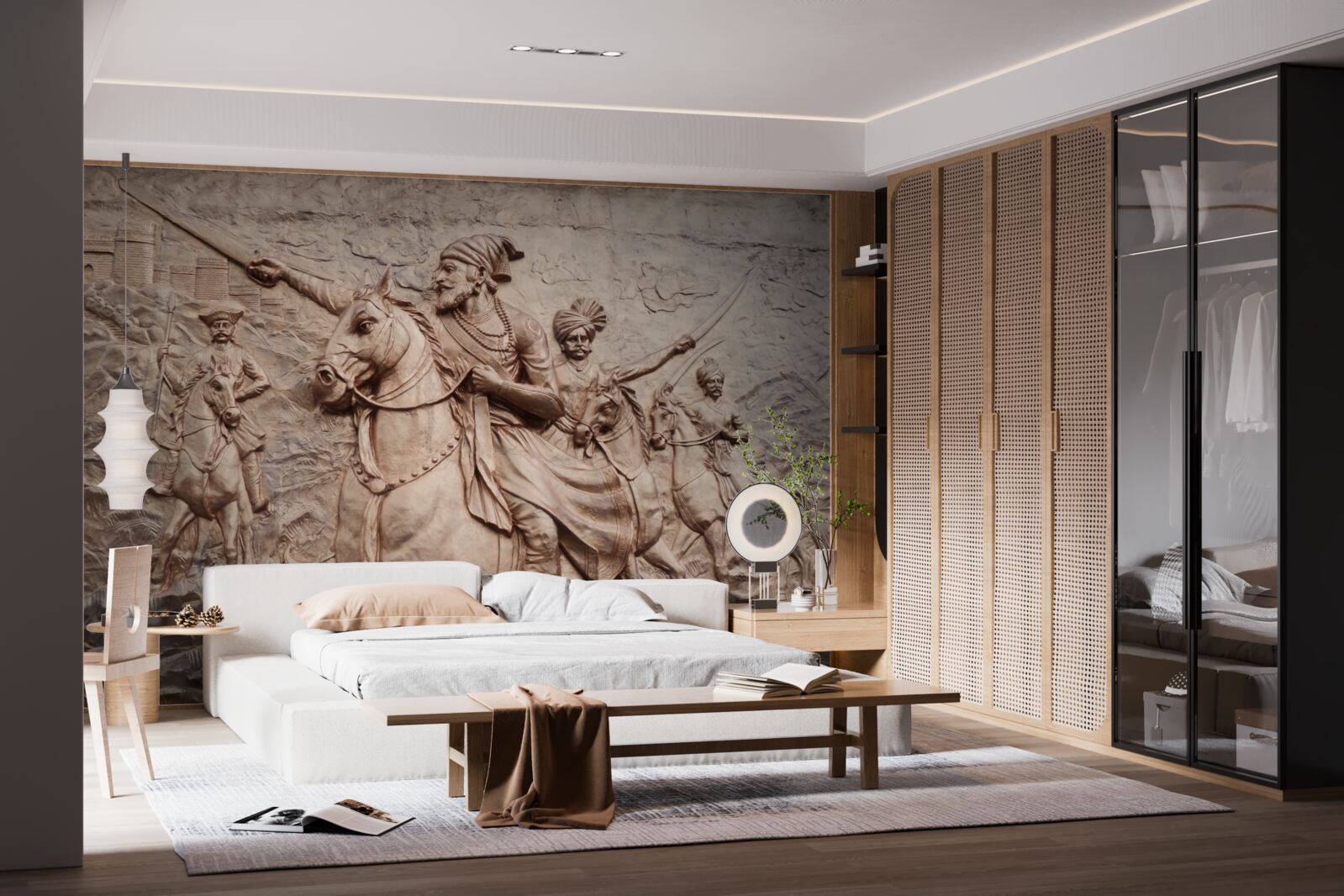 Fototapeten Ein Bas -Relief, der Krieger zeigt, die auf Pferden kämpfen