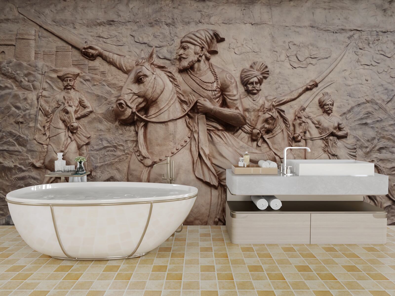 Fototapeten Ein Bas -Relief, der Krieger zeigt, die auf Pferden kämpfen