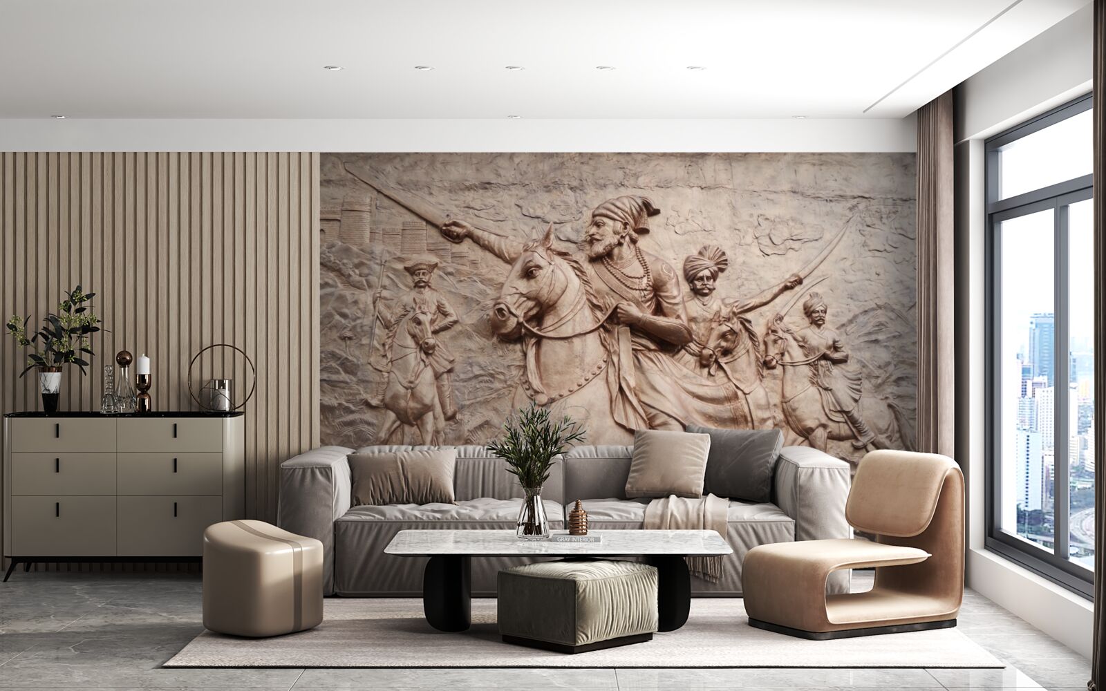 Fototapeten Ein Bas -Relief, der Krieger zeigt, die auf Pferden kämpfen