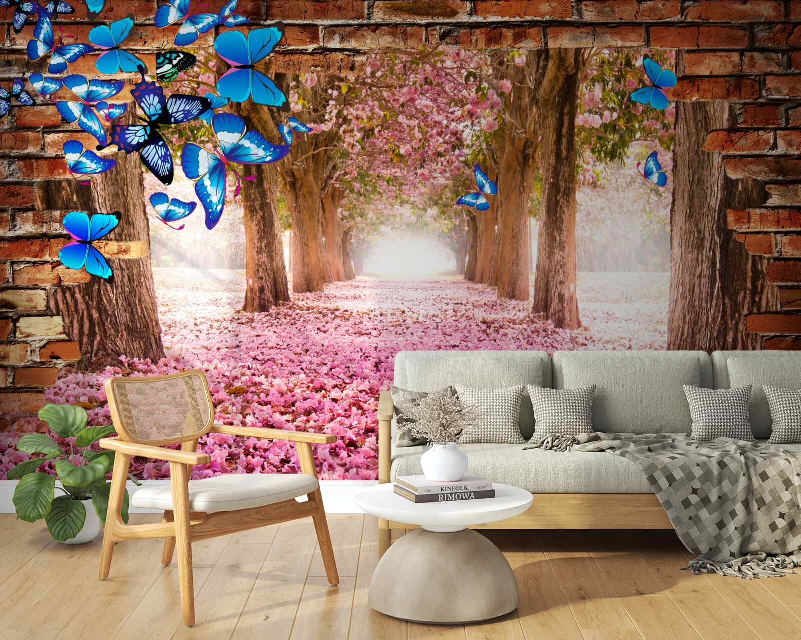 Fototapeten Sakura zieht Schmetterlinge mit seinen Blumen an