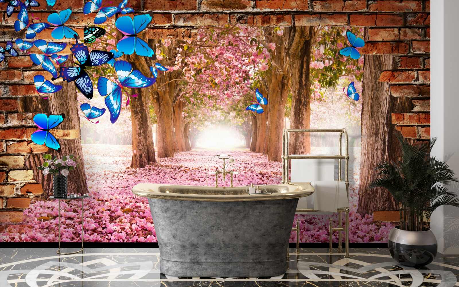 Fototapeten Sakura zieht Schmetterlinge mit seinen Blumen an