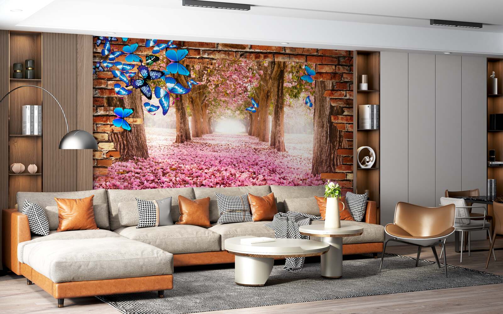Fototapeten Sakura zieht Schmetterlinge mit seinen Blumen an