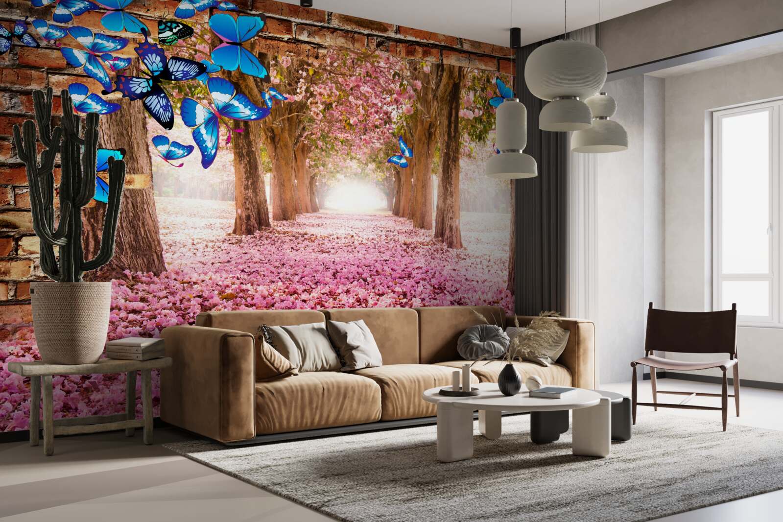 Fototapeten Sakura zieht Schmetterlinge mit seinen Blumen an