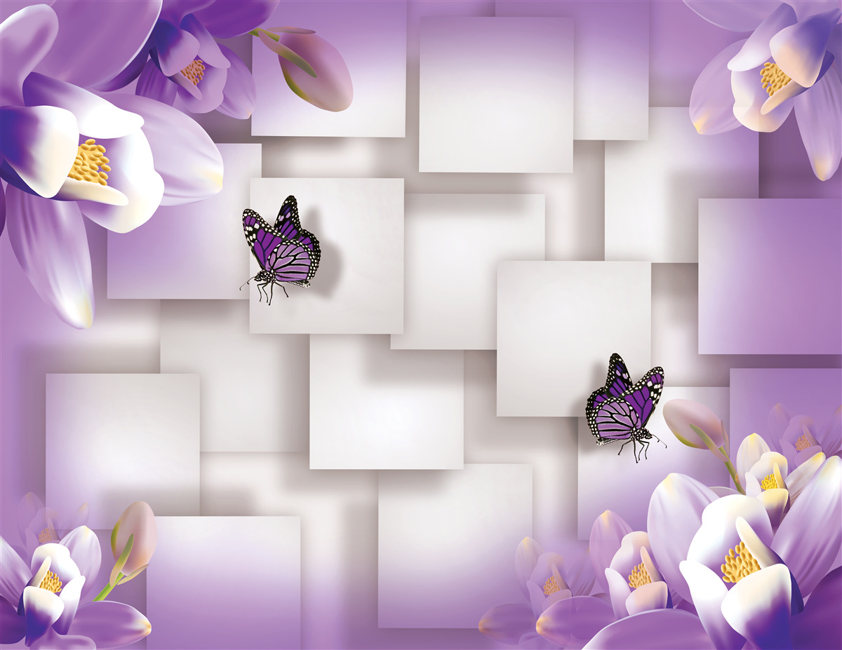 Fototapeten Weiße Blumen und Schmetterlinge sind auf einem abstrakten lila Hintergrund sichtbar