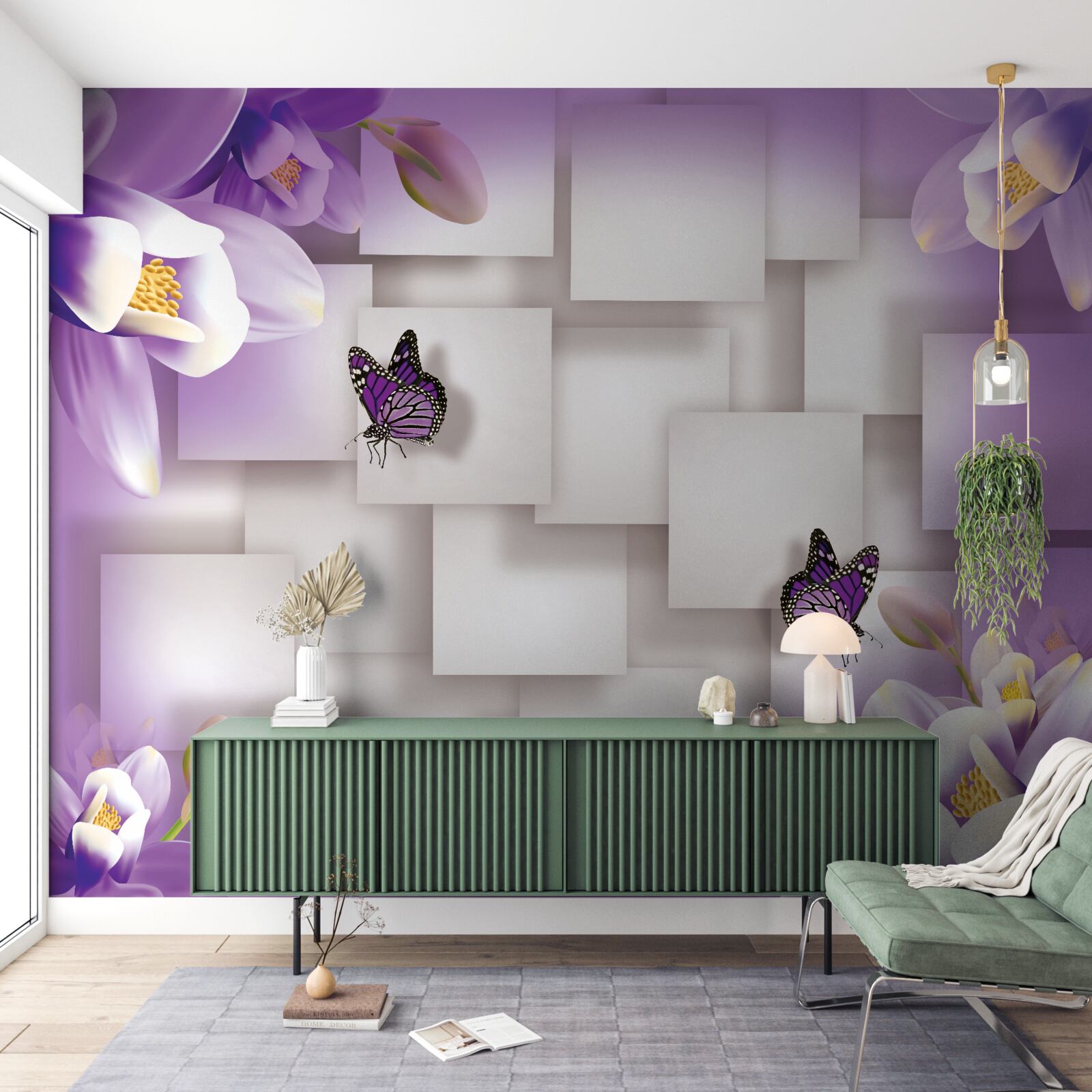 Fototapeten Weiße Blumen und Schmetterlinge sind auf einem abstrakten lila Hintergrund sichtbar