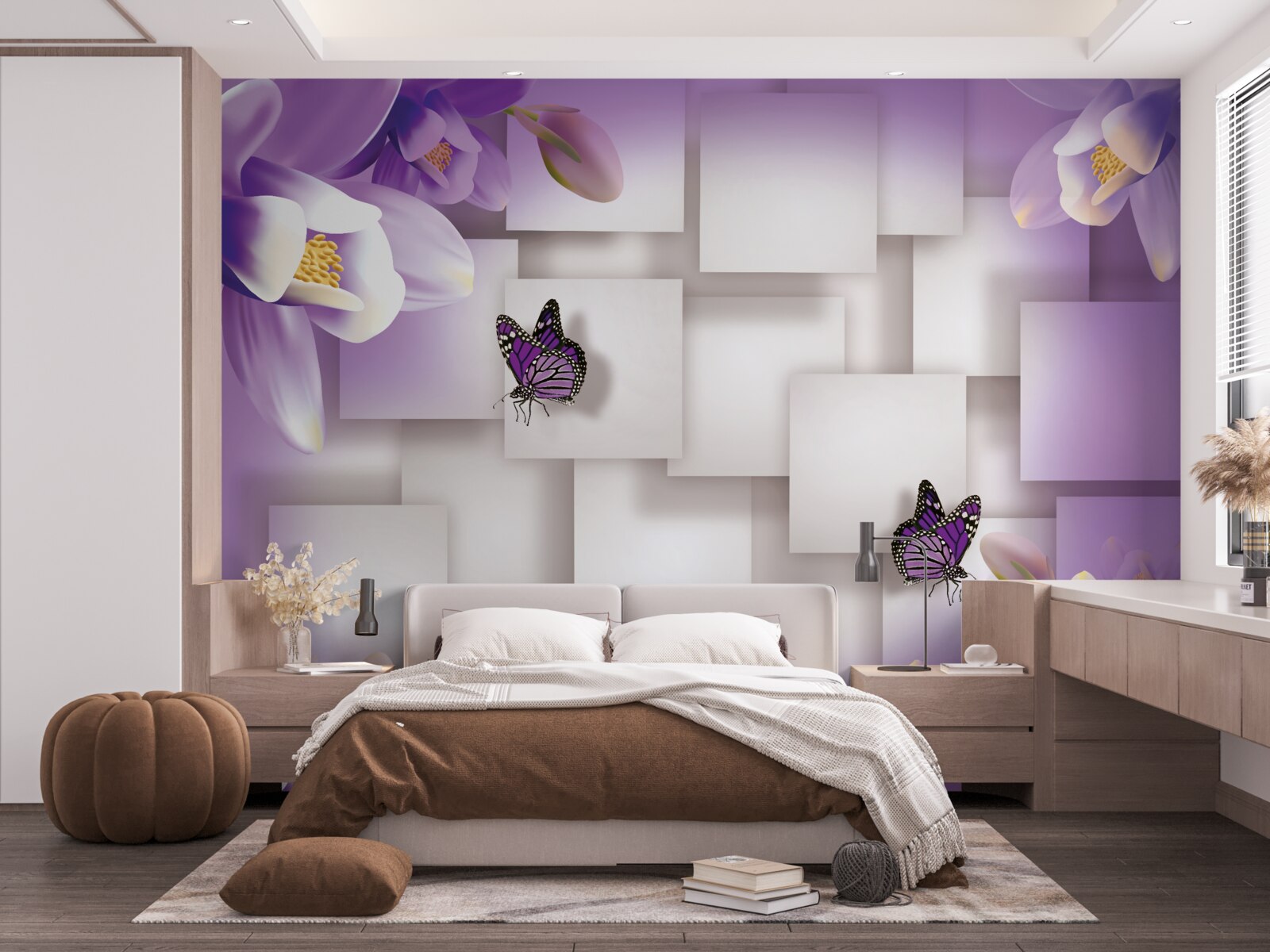Fototapeten Weiße Blumen und Schmetterlinge sind auf einem abstrakten lila Hintergrund sichtbar