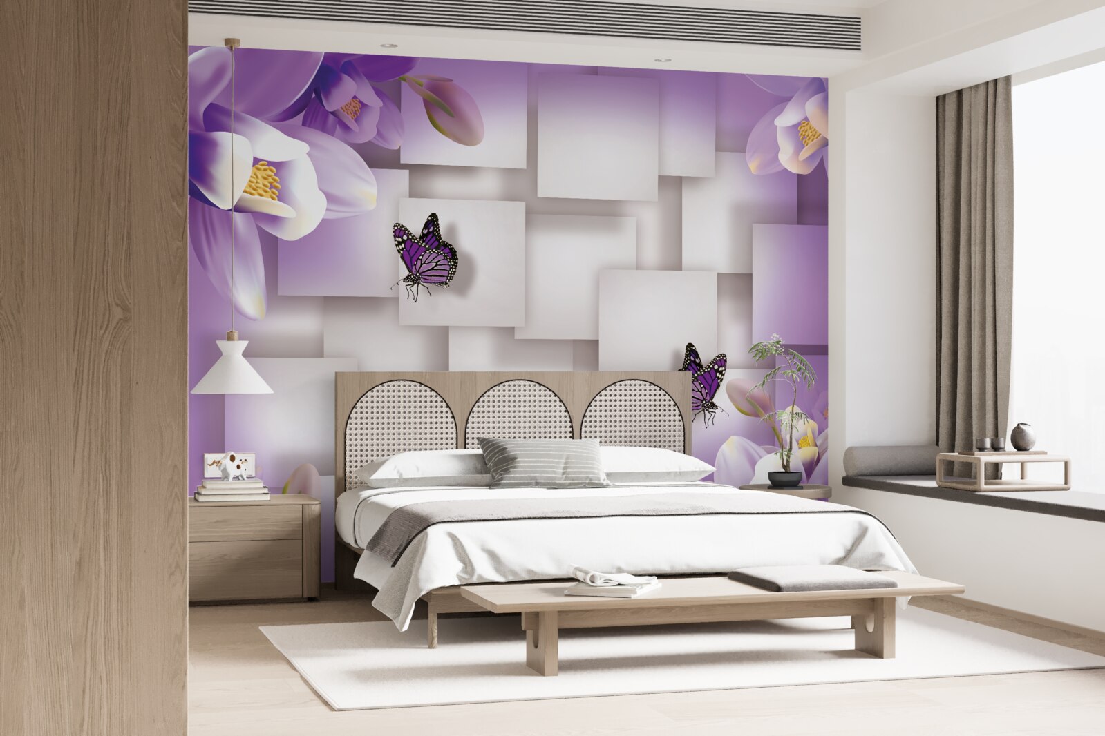 Fototapeten Weiße Blumen und Schmetterlinge sind auf einem abstrakten lila Hintergrund sichtbar