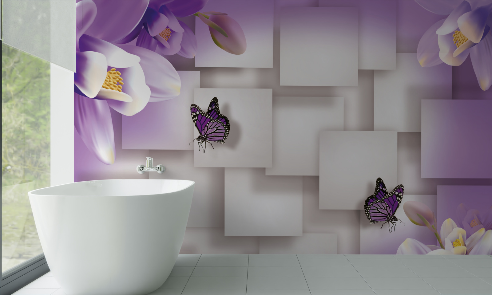 Fototapeten Weiße Blumen und Schmetterlinge sind auf einem abstrakten lila Hintergrund sichtbar