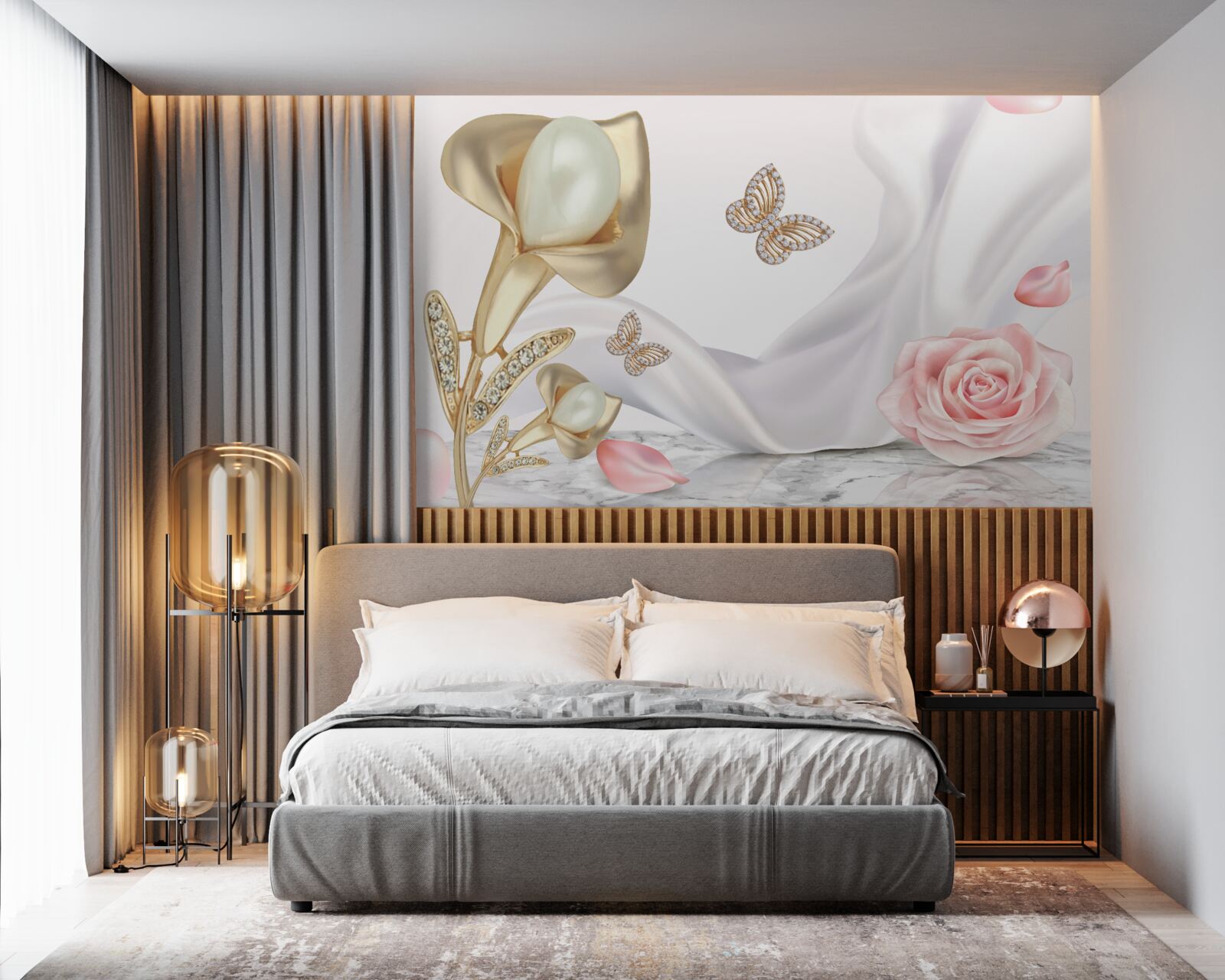 Fototapeten Perlen, die in Gold auf Seidenstoff mit Rosen gerahmt sind