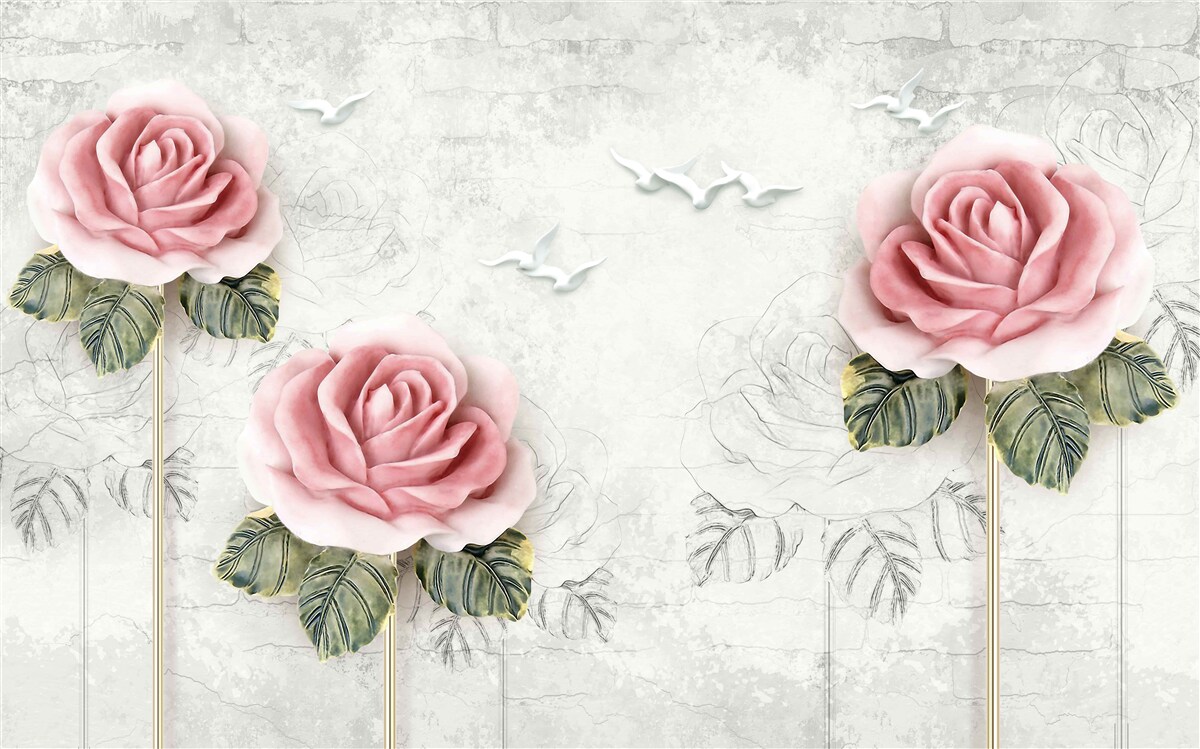 Fototapeten Schlanke scharlachrote Rose und Schnee -weiße Möwen