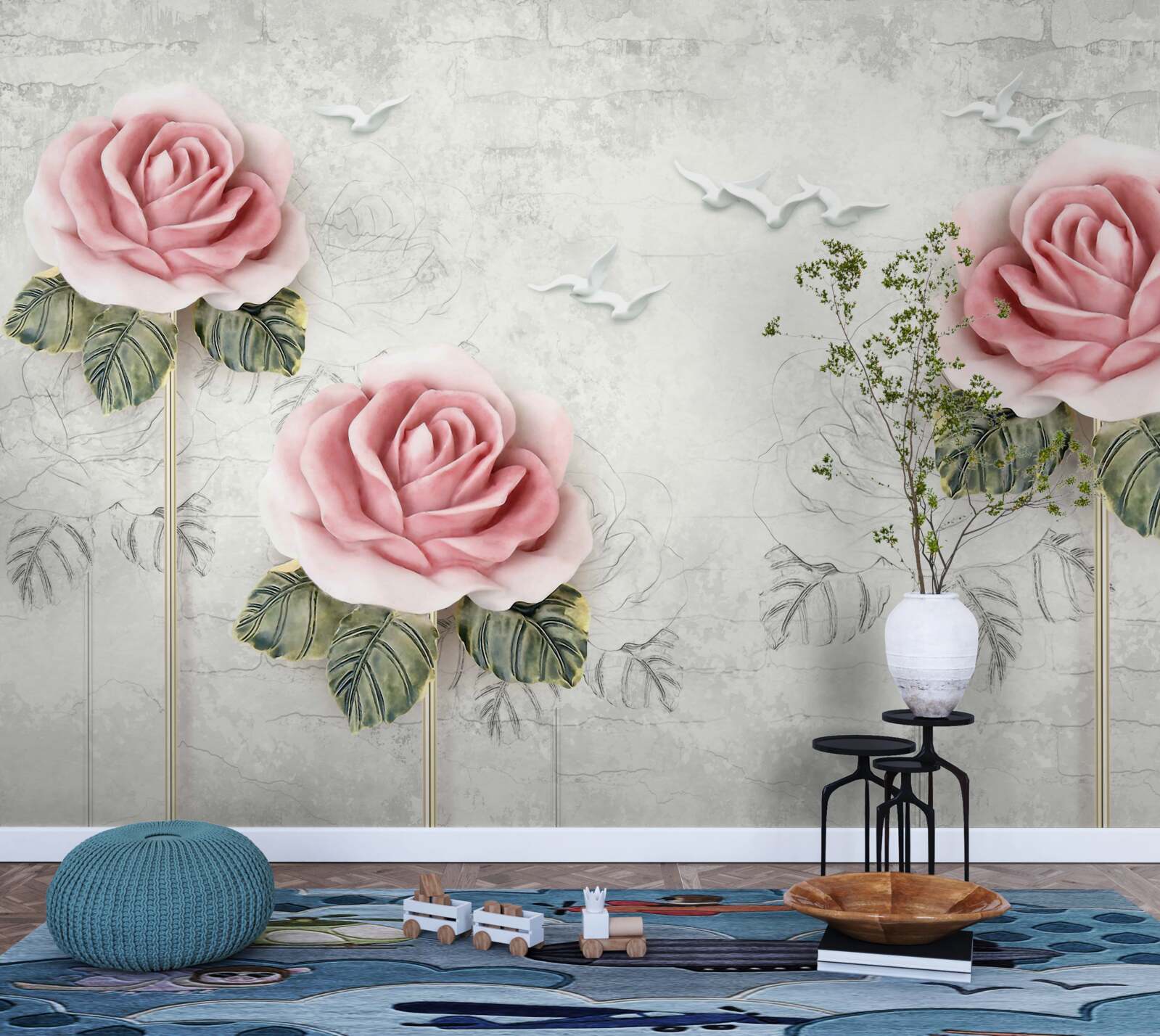 Fototapeten Schlanke scharlachrote Rose und Schnee -weiße Möwen