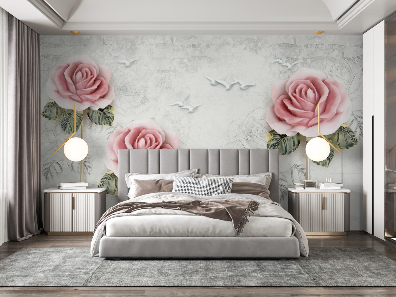 Fototapeten Schlanke scharlachrote Rose und Schnee -weiße Möwen