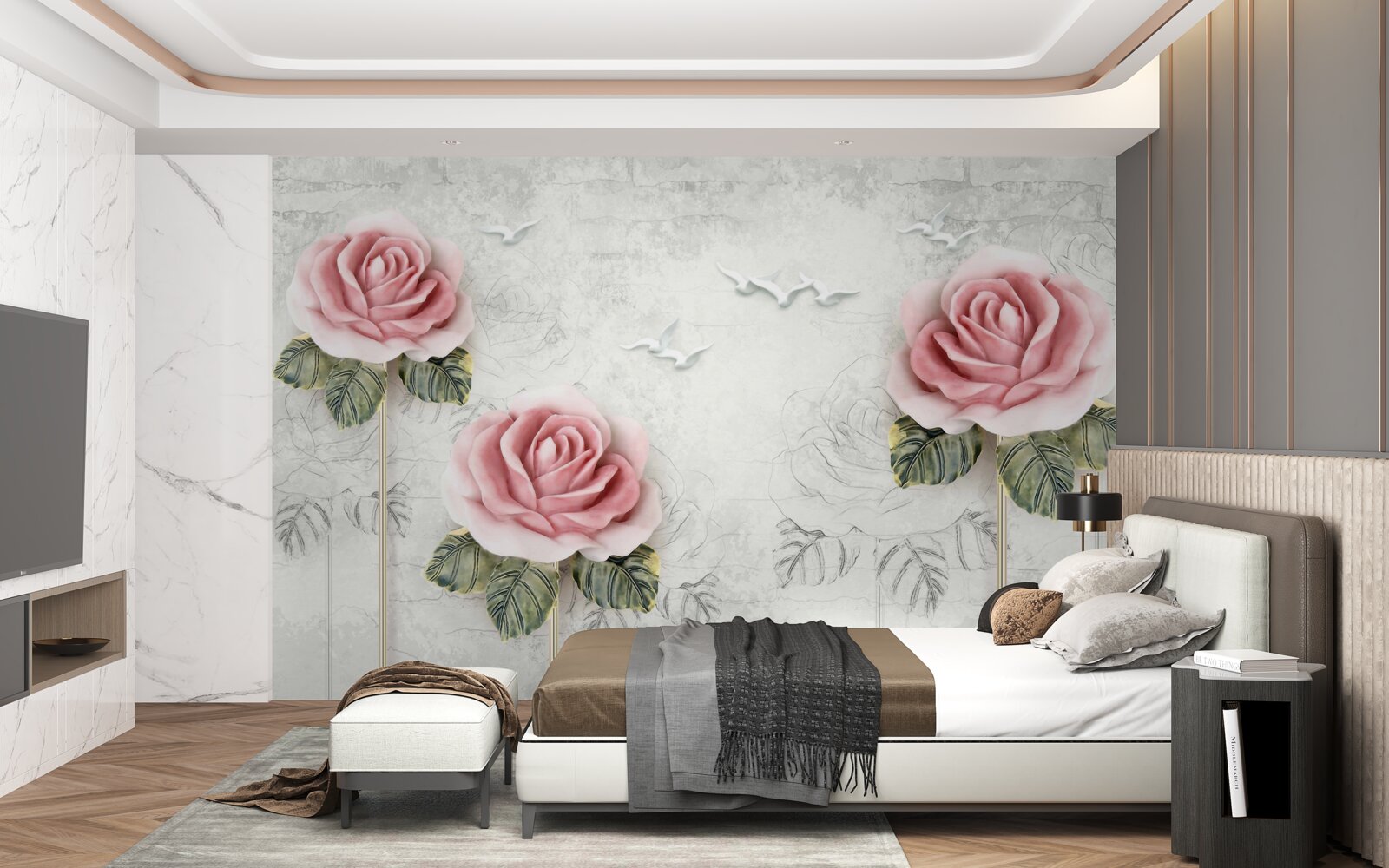 Fototapeten Schlanke scharlachrote Rose und Schnee -weiße Möwen