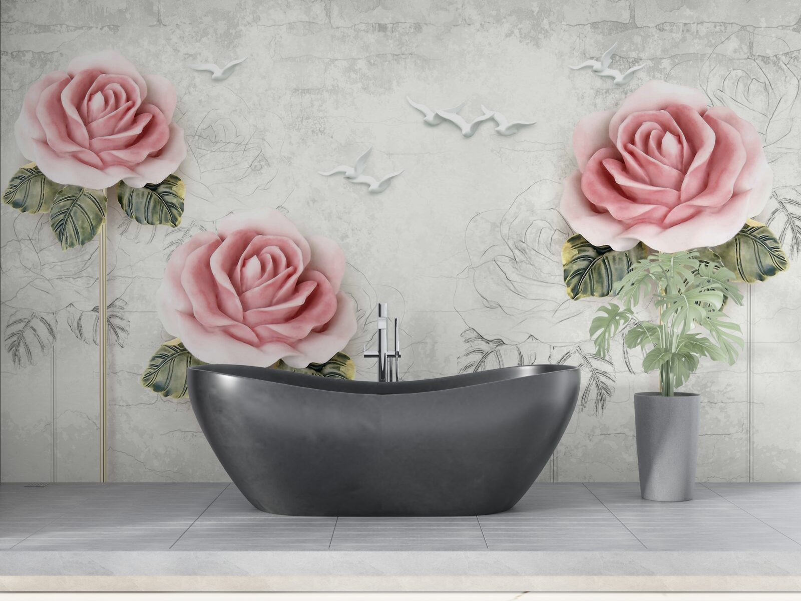 Fototapeten Schlanke scharlachrote Rose und Schnee -weiße Möwen