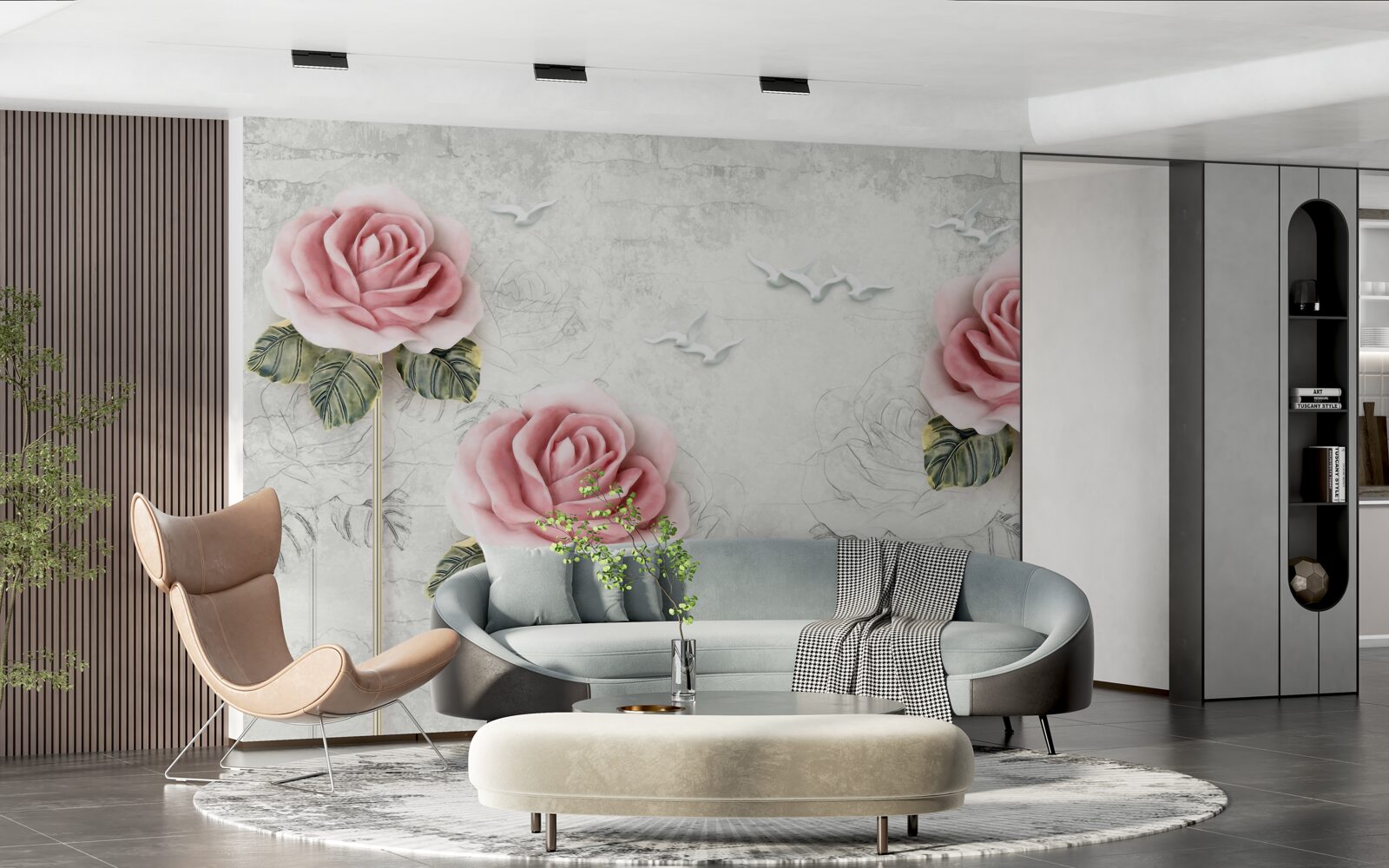 Fototapeten Schlanke scharlachrote Rose und Schnee -weiße Möwen