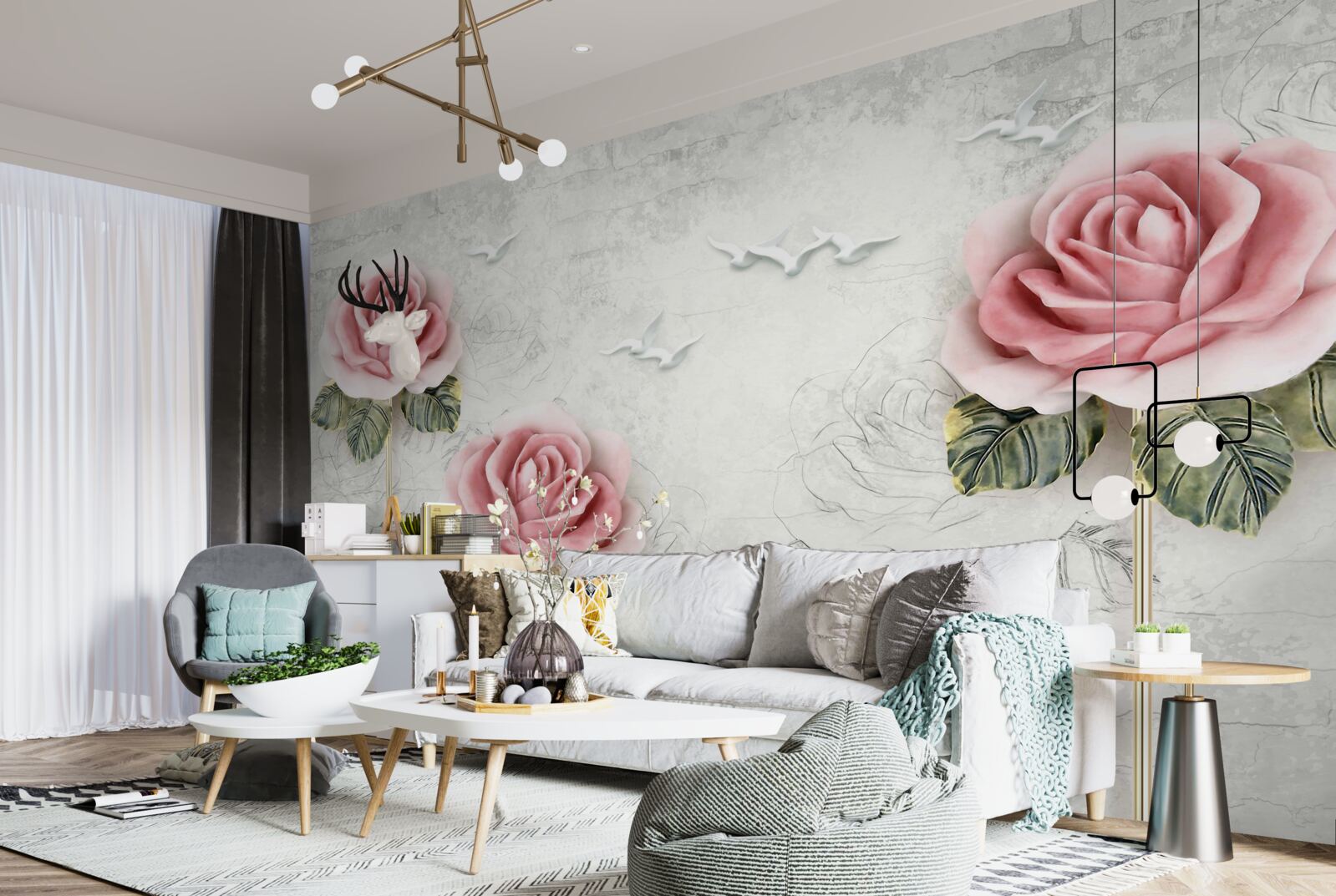 Fototapeten Schlanke scharlachrote Rose und Schnee -weiße Möwen