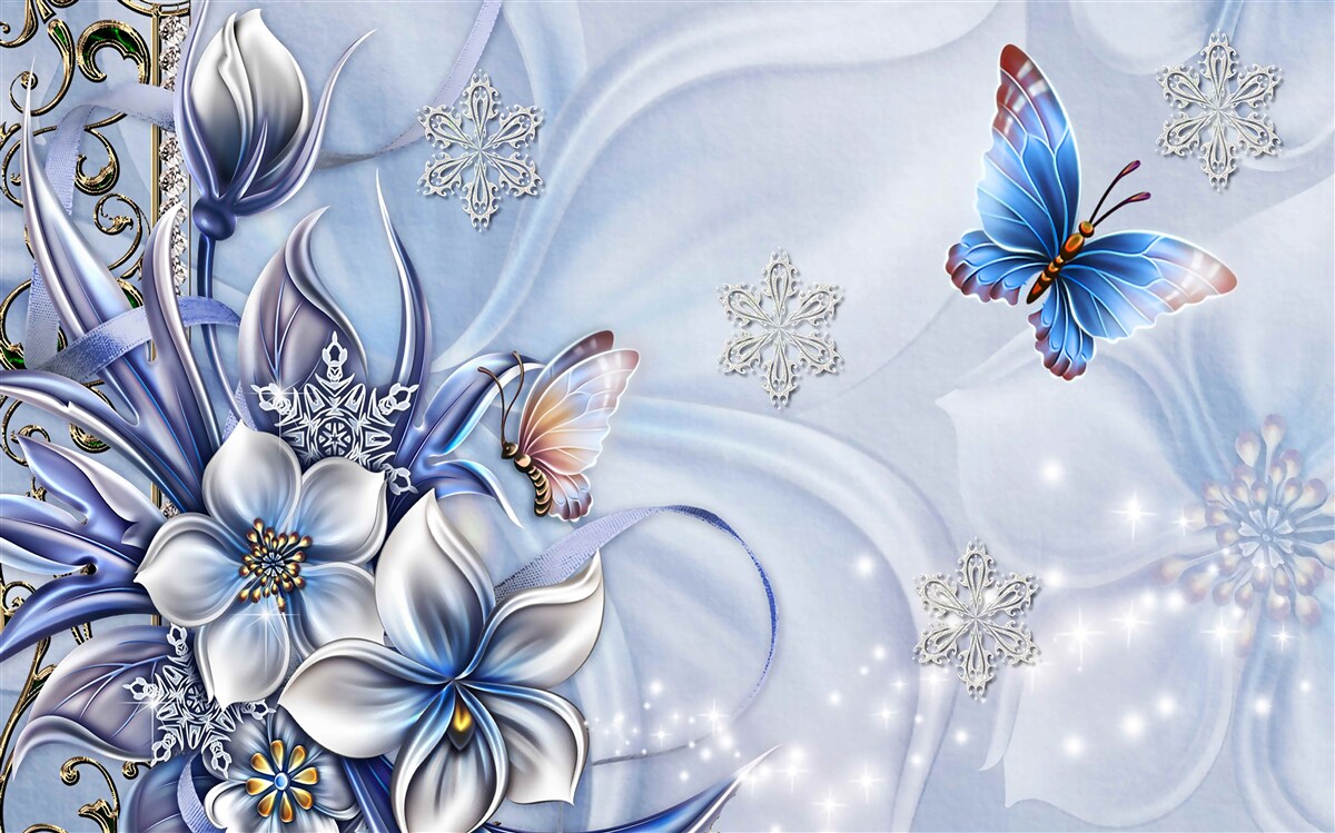 Fototapeten Schmetterlinge fliegen über schneebedeckte blaue Blumen