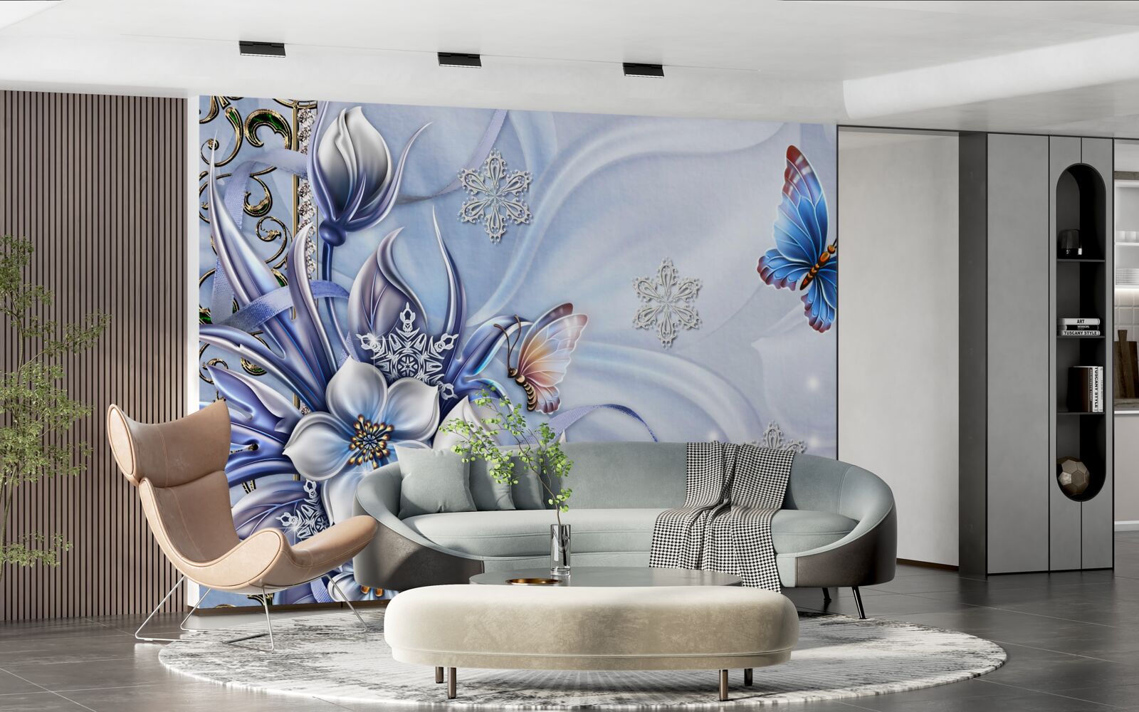 Fototapeten Schmetterlinge fliegen über schneebedeckte blaue Blumen