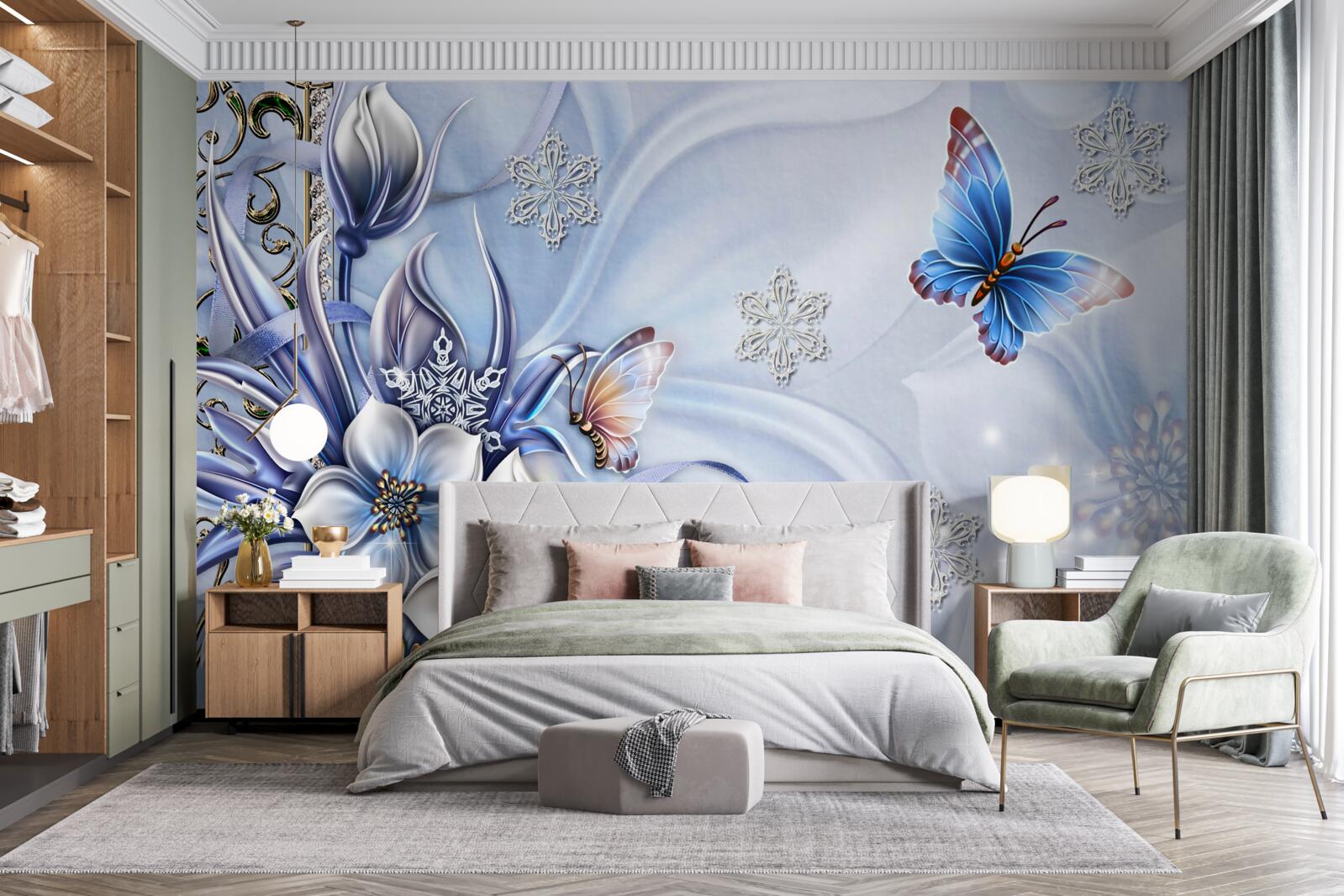 Fototapeten Schmetterlinge fliegen über schneebedeckte blaue Blumen
