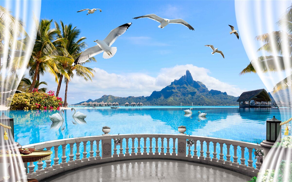 Fototapeten Terrasse mit Blick auf die Berge und den Teich