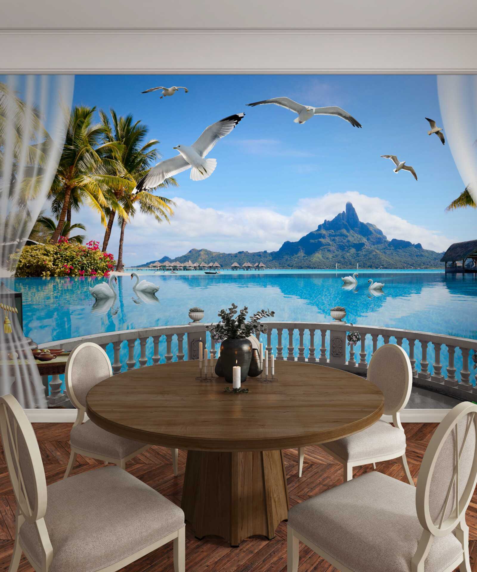 Fototapeten Terrasse mit Blick auf die Berge und den Teich