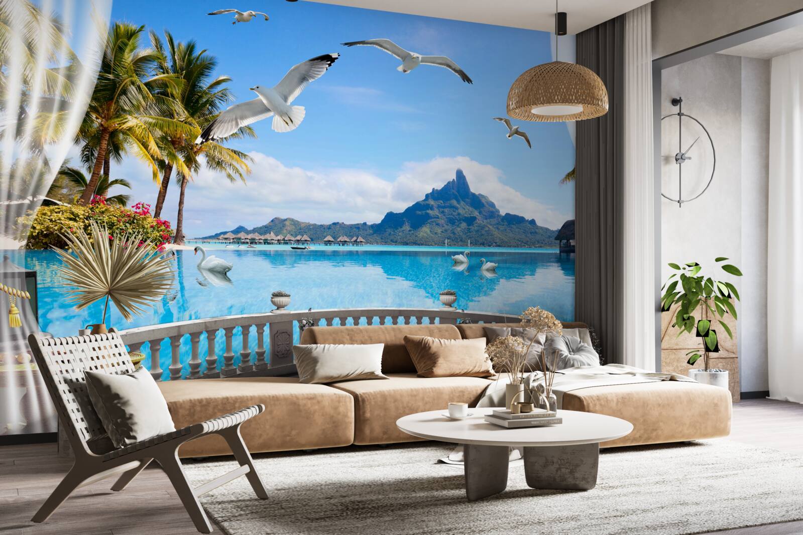 Fototapeten Terrasse mit Blick auf die Berge und den Teich