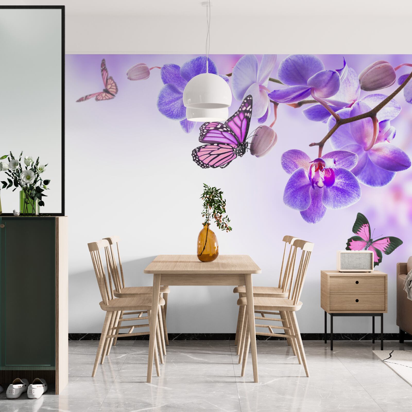 Fototapeten Schmetterlinge schweben über Orchideen mit lilablauen Blütenblättern