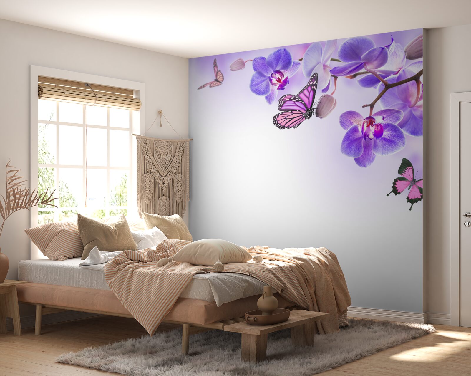 Fototapeten Schmetterlinge schweben über Orchideen mit lilablauen Blütenblättern