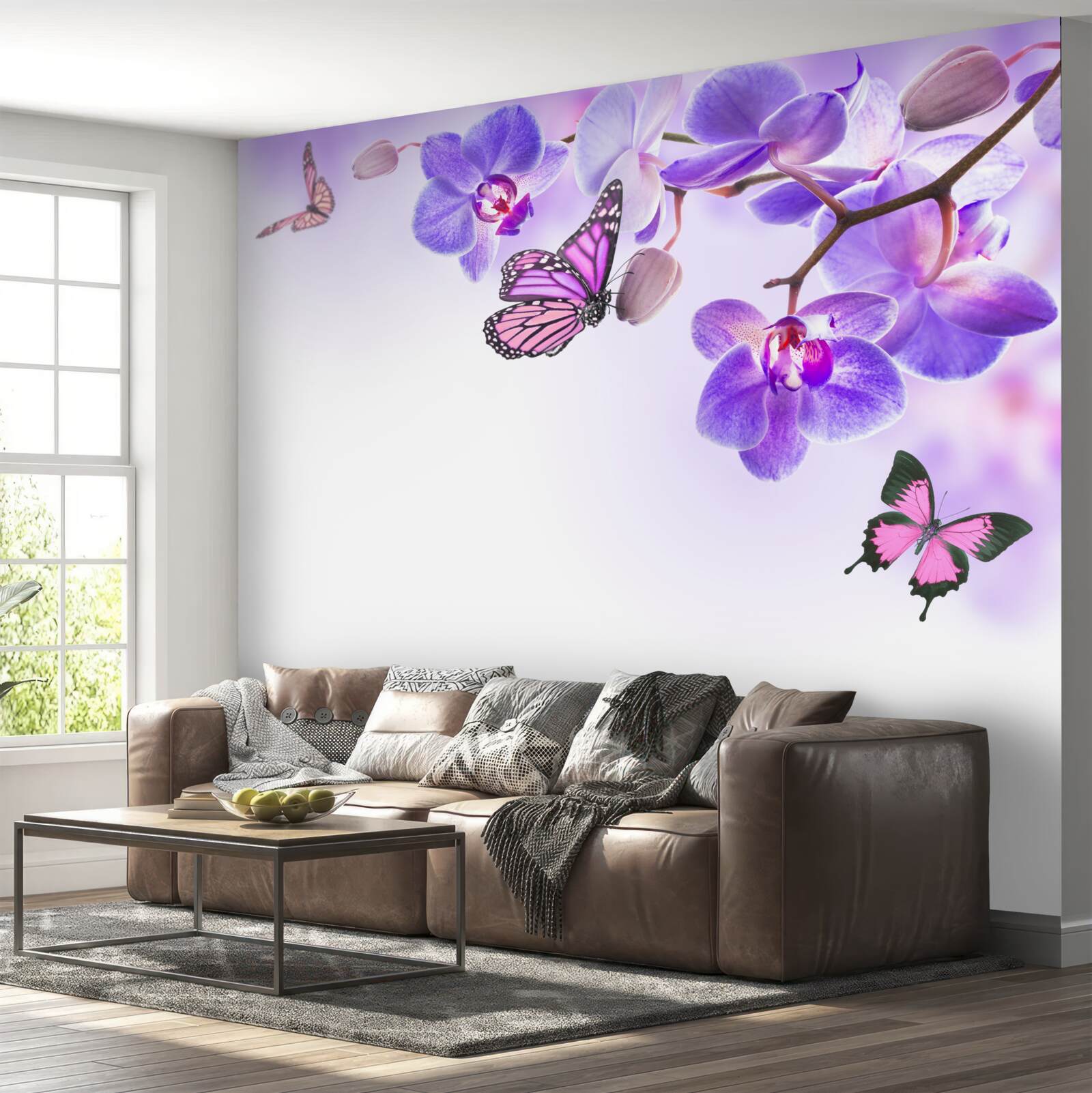 Fototapeten Schmetterlinge schweben über Orchideen mit lilablauen Blütenblättern