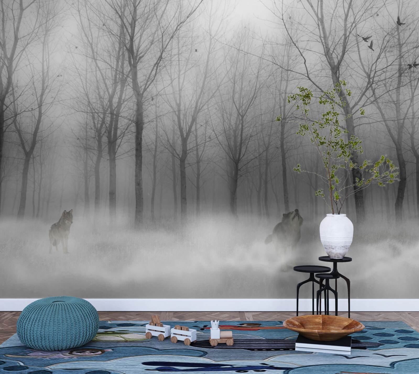 Fototapeten Wintertag im Wald, in Nebel ausgehüllt