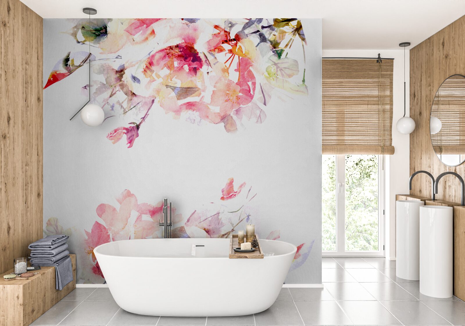Fototapeten Aquarell mit Schmetterlingen und weißen Blüten darstellen
