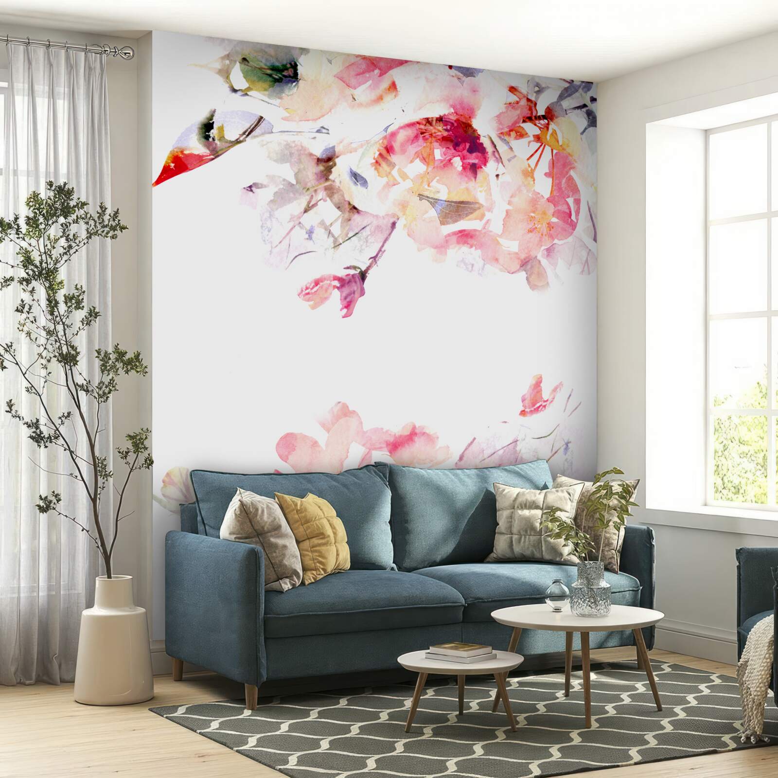 Fototapeten Aquarell mit Schmetterlingen und weißen Blüten darstellen
