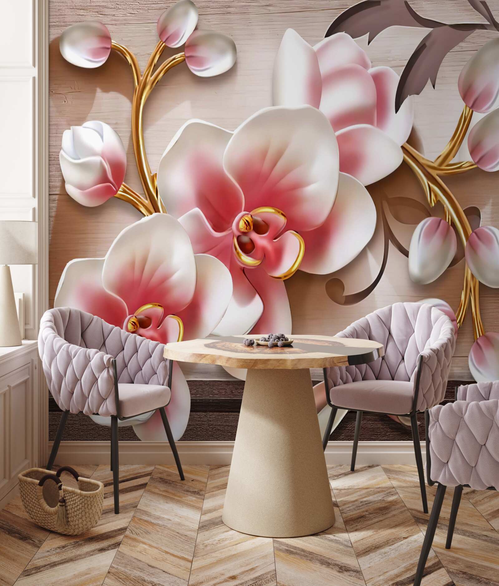 Fototapeten Zarte rosa Blumen mit anmutigen goldenen Zweigen