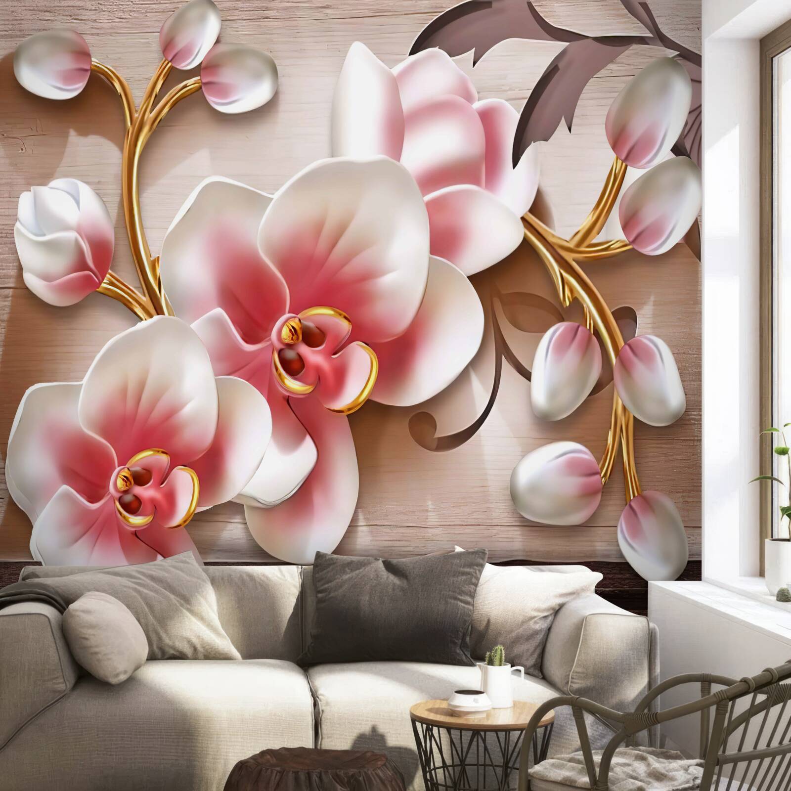 Fototapeten Zarte rosa Blumen mit anmutigen goldenen Zweigen