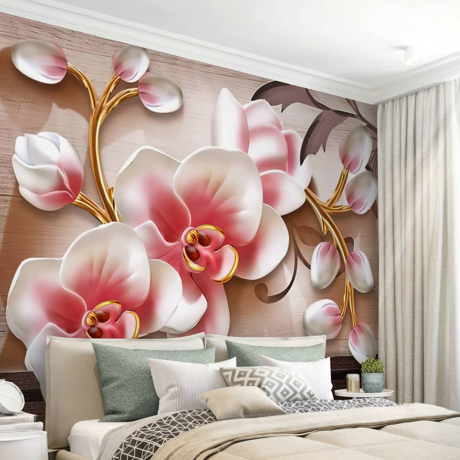 Fototapeten Zarte rosa Blumen mit anmutigen goldenen Zweigen