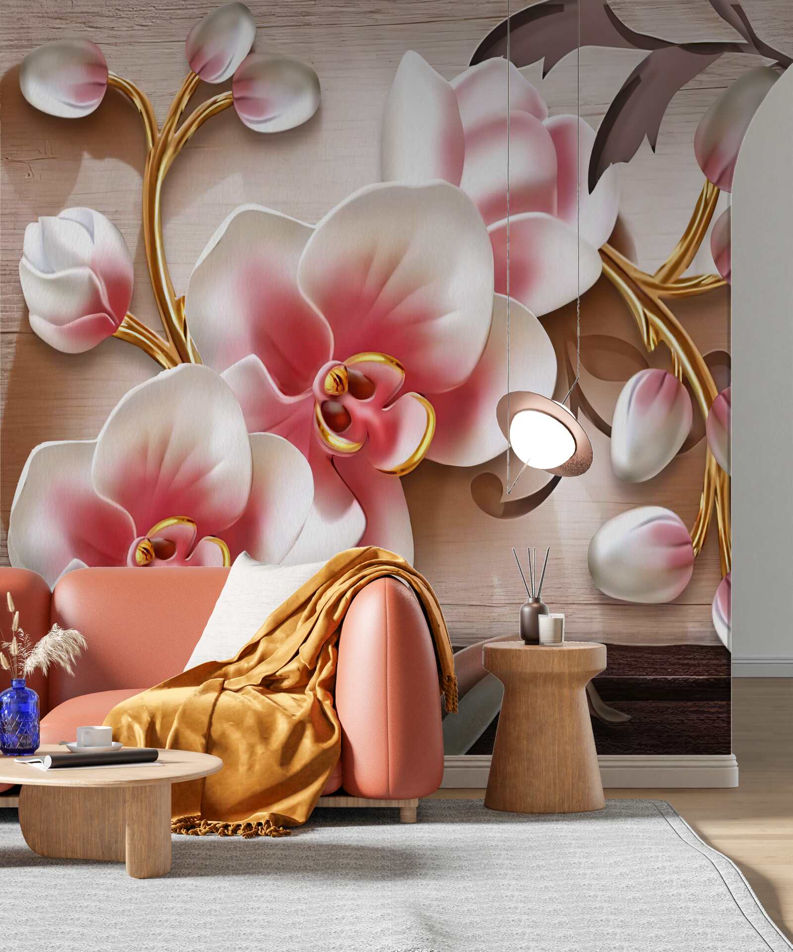 Fototapeten Zarte rosa Blumen mit anmutigen goldenen Zweigen
