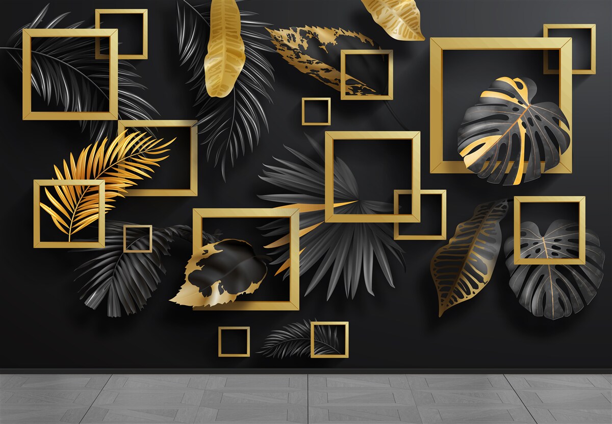 Fototapeten Schwarze Wand mit goldenen Rahmen