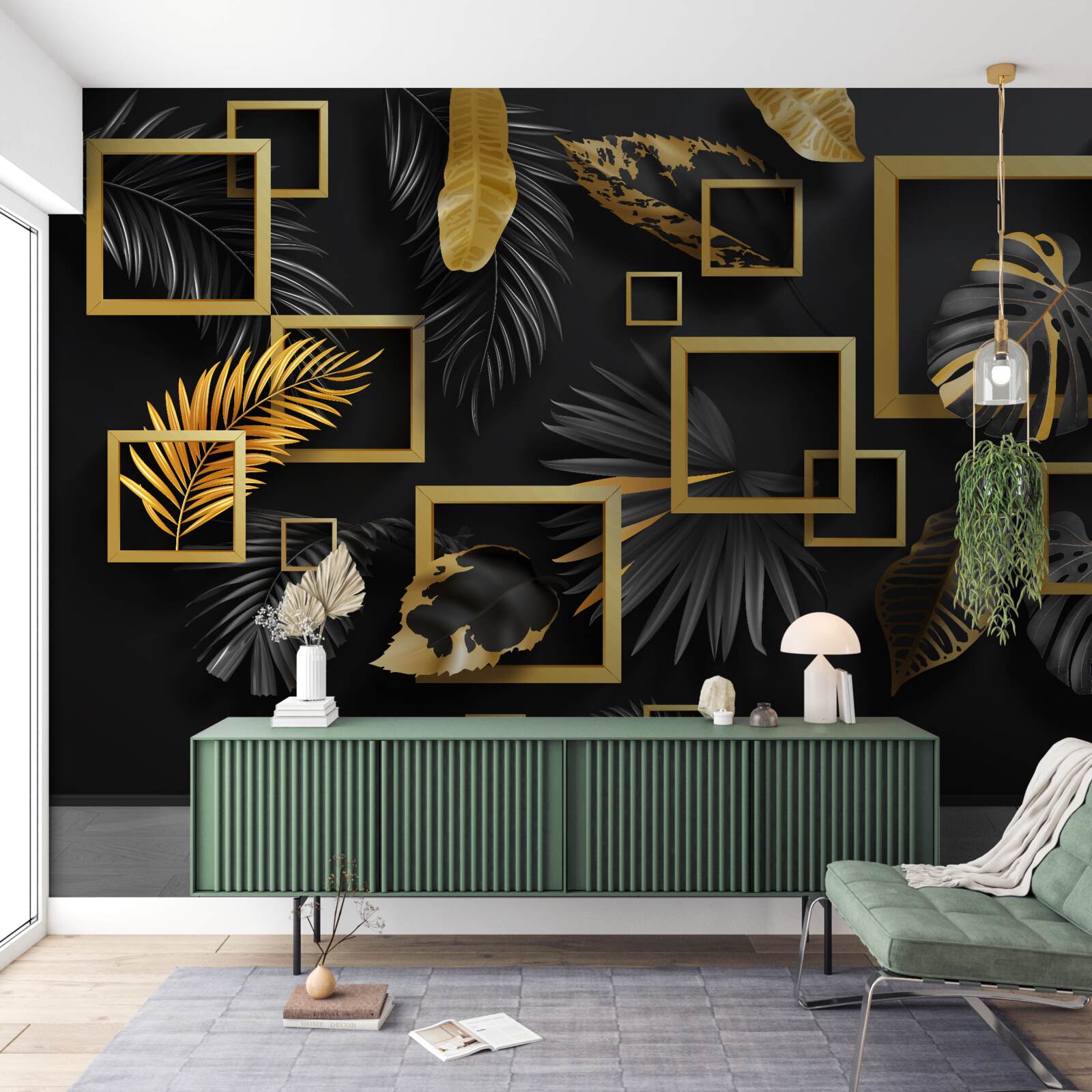 Fototapeten Schwarze Wand mit goldenen Rahmen