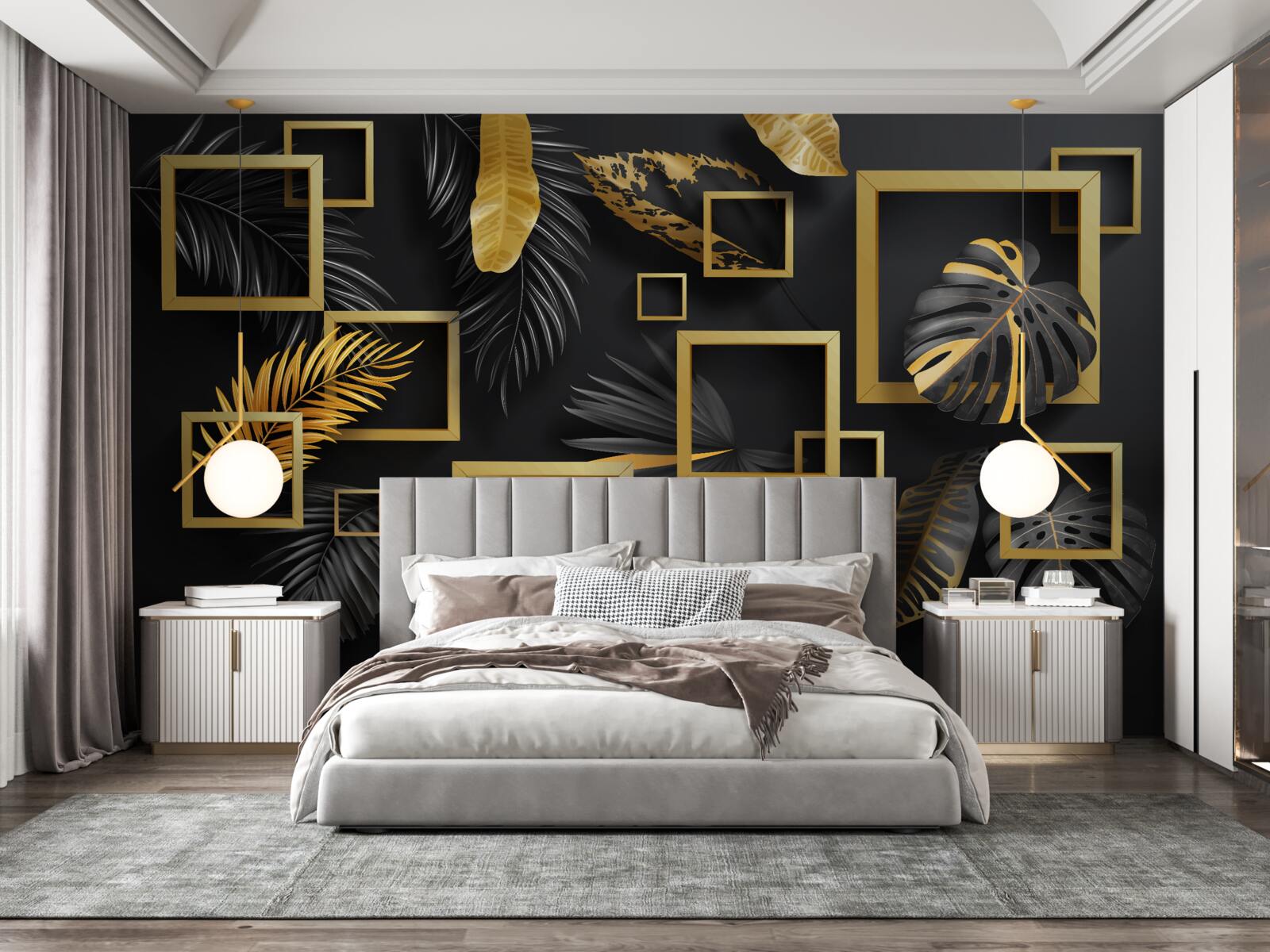 Fototapeten Schwarze Wand mit goldenen Rahmen