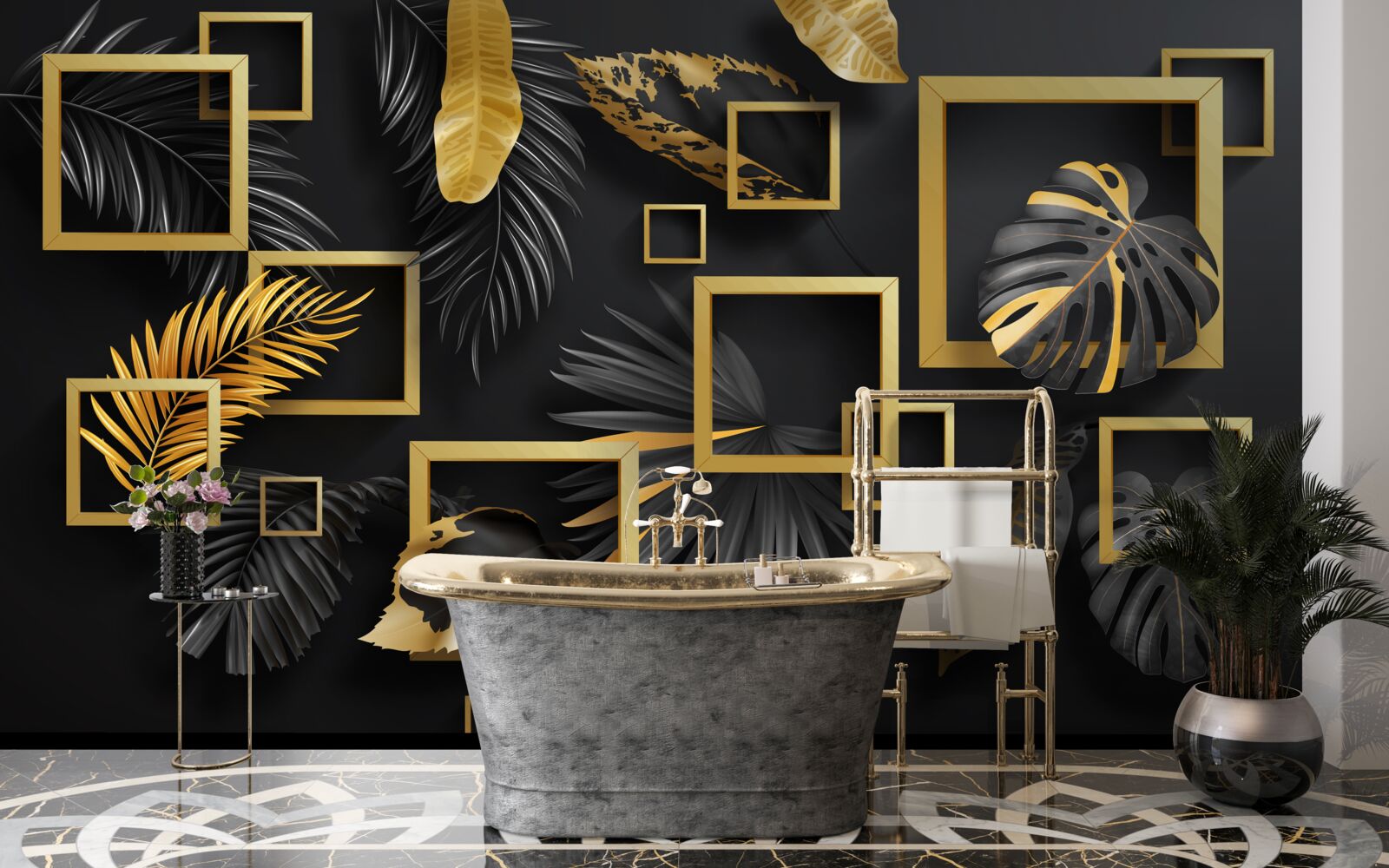 Fototapeten Schwarze Wand mit goldenen Rahmen