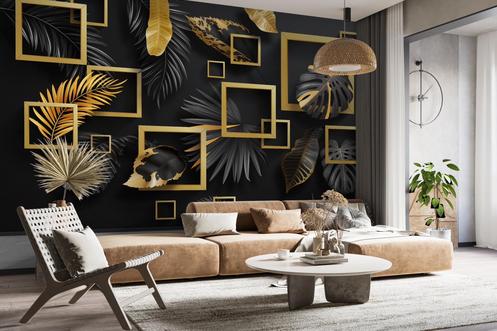 Fototapeten Schwarze Wand mit goldenen Rahmen