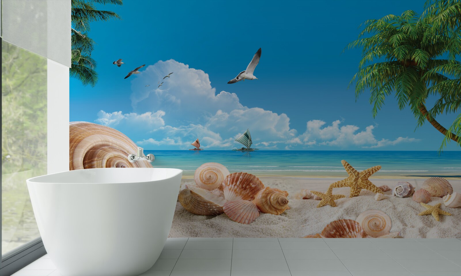 Fototapeten Ufer mit Muscheln und Seestern übersät