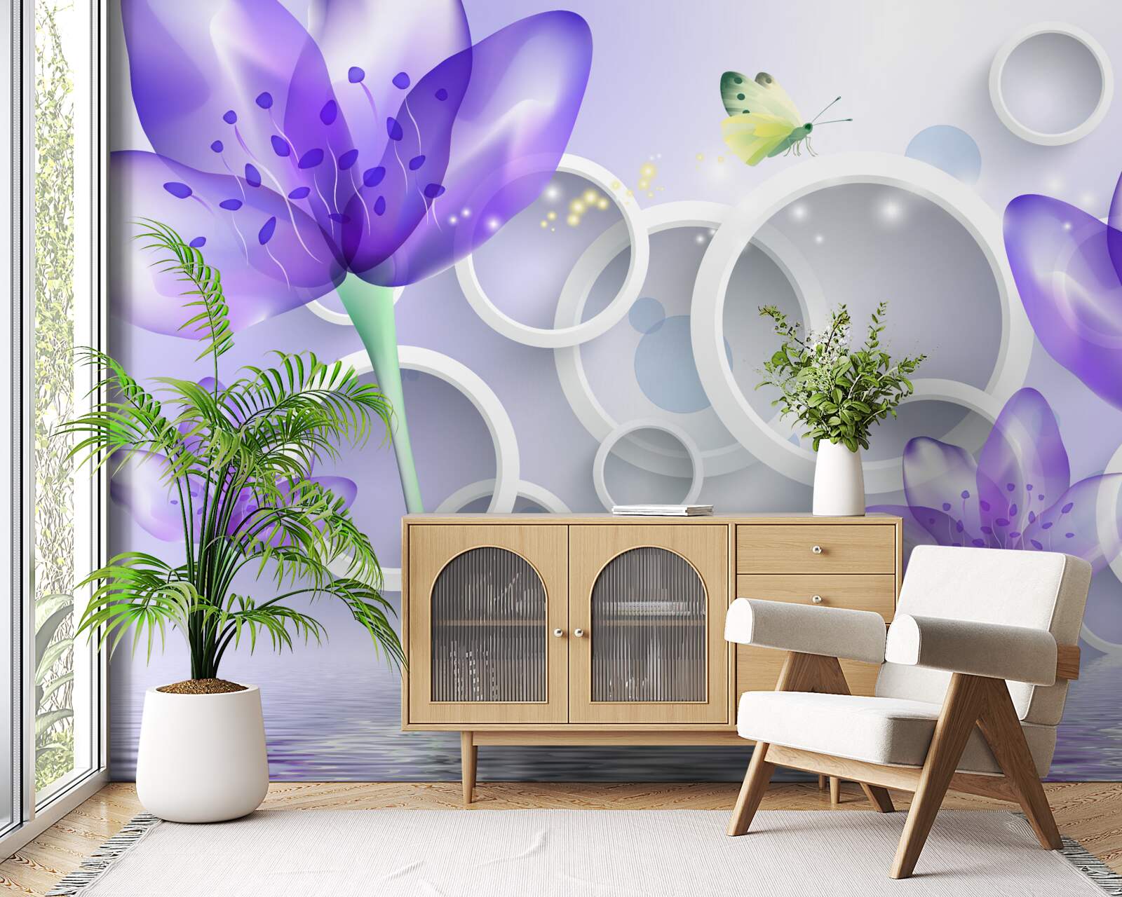 Fototapeten Fantastische lila Blumen und schneeweißen Räder
