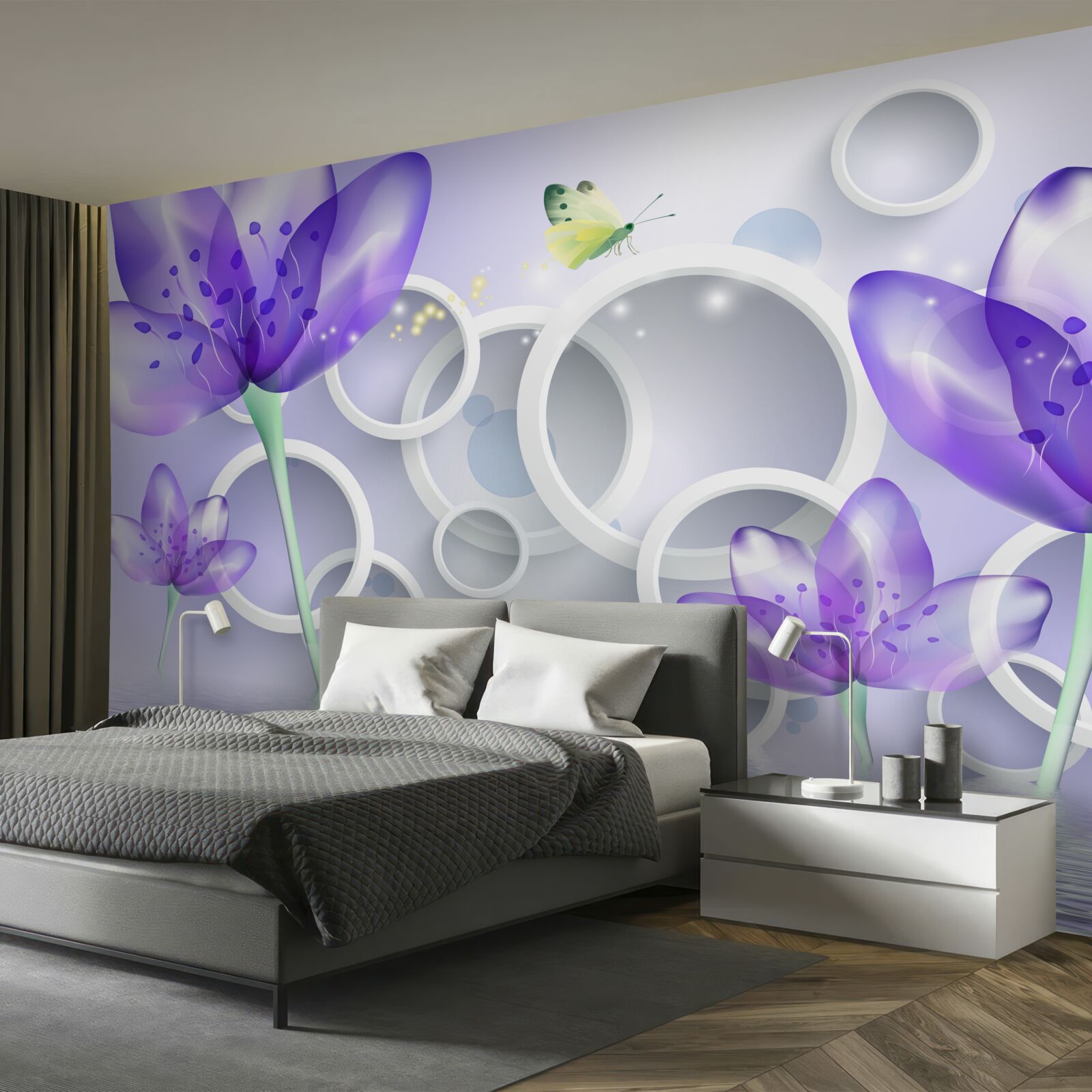 Fototapeten Fantastische lila Blumen und schneeweißen Räder