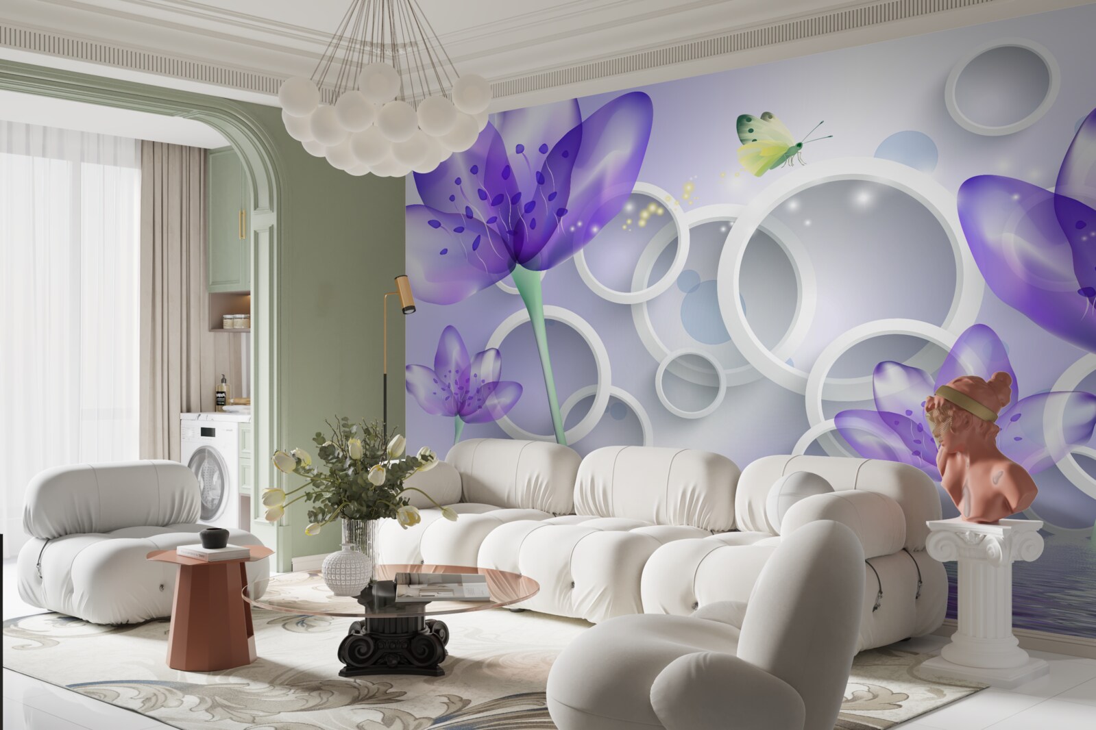 Fototapeten Fantastische lila Blumen und schneeweißen Räder