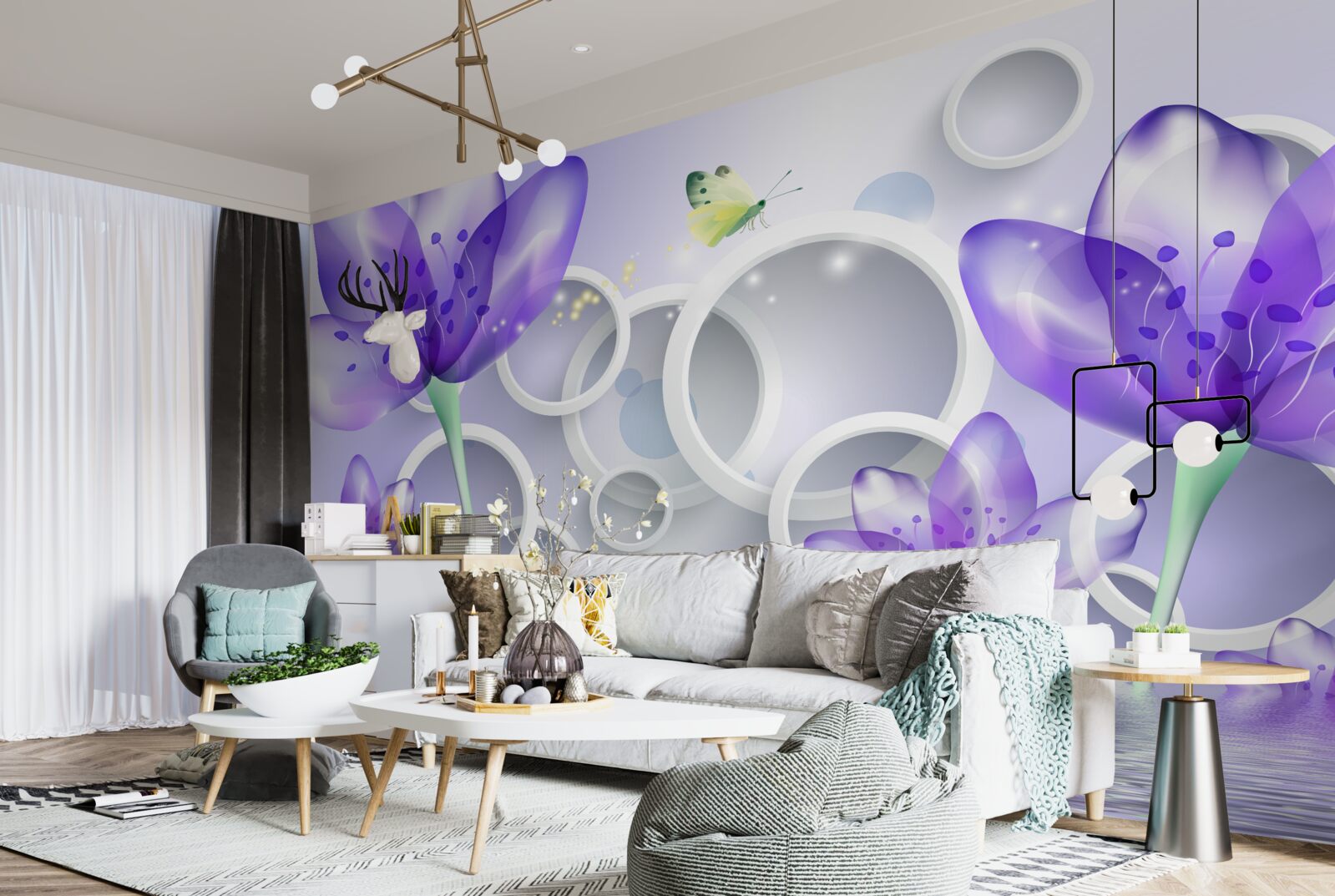 Fototapeten Fantastische lila Blumen und schneeweißen Räder