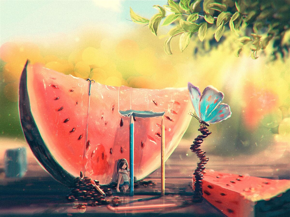 Fototapeten Ein großes Stück süßer Wassermelone