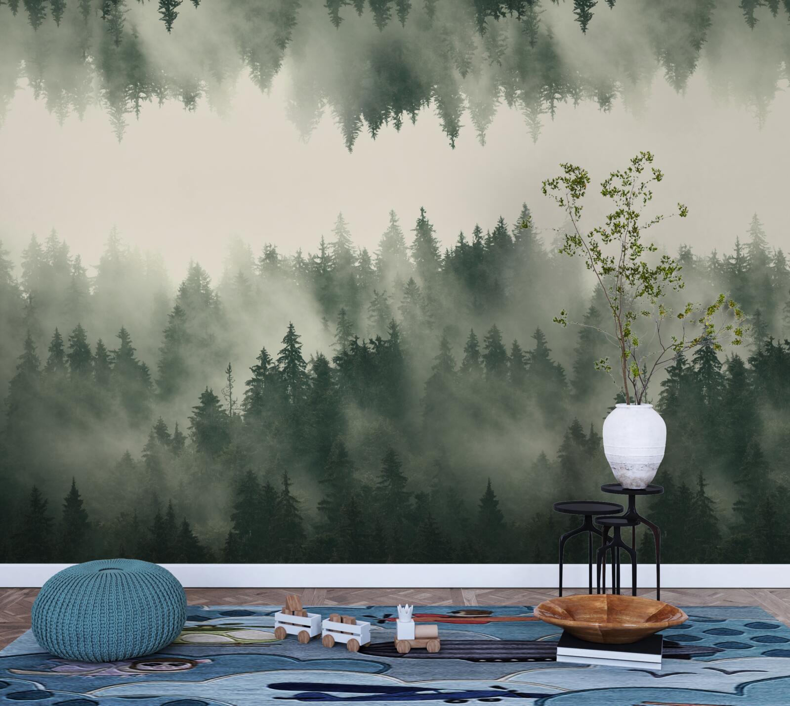 Fototapeten Ein nebliger Wald mit dichter Vegetation