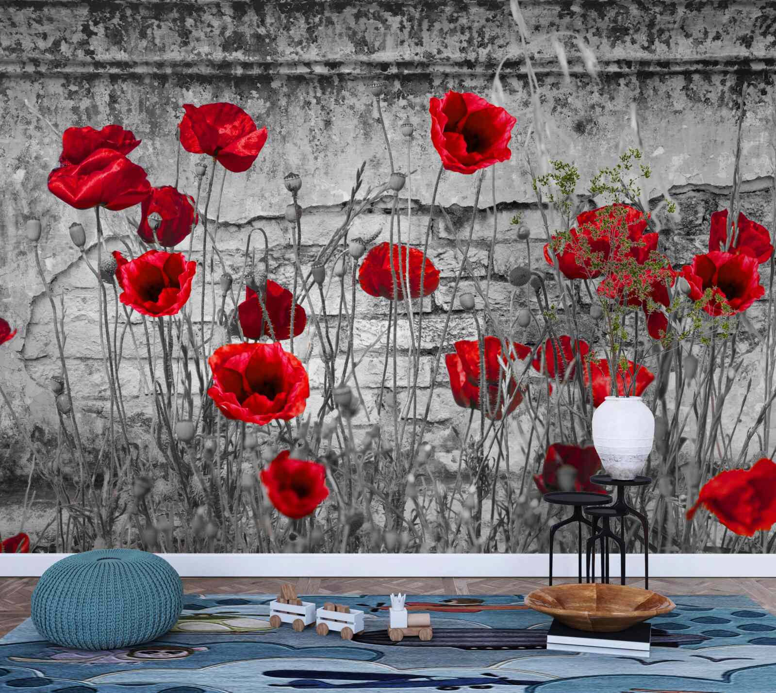 Fototapeten Crimson Poppies auf grauem Hintergrund