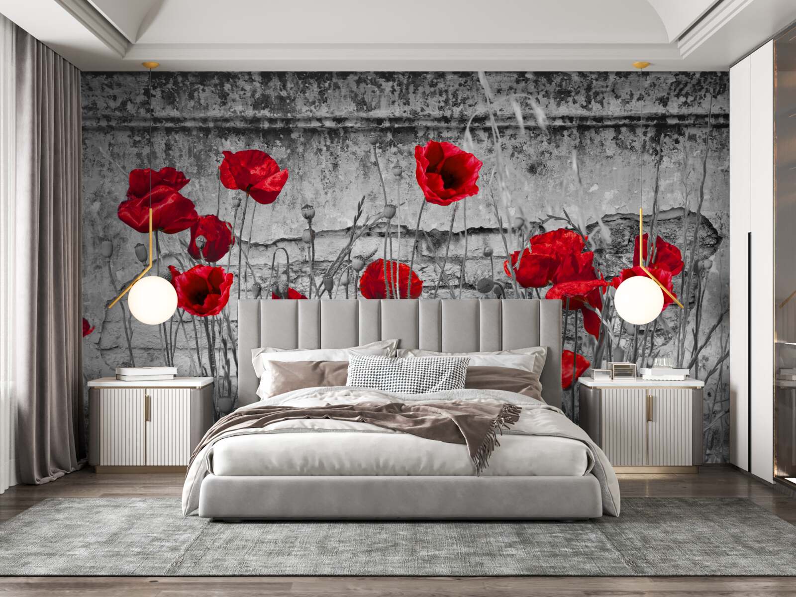 Fototapeten Crimson Poppies auf grauem Hintergrund